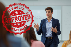 Instructor speaking to a classroom with a red 'Approved' accreditation stamp overlaid on the image.